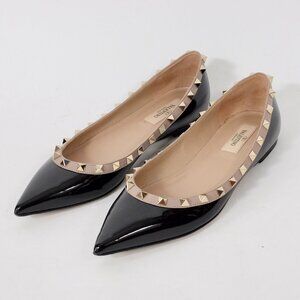 Valentino Black and Tan Flats with Gold Studs